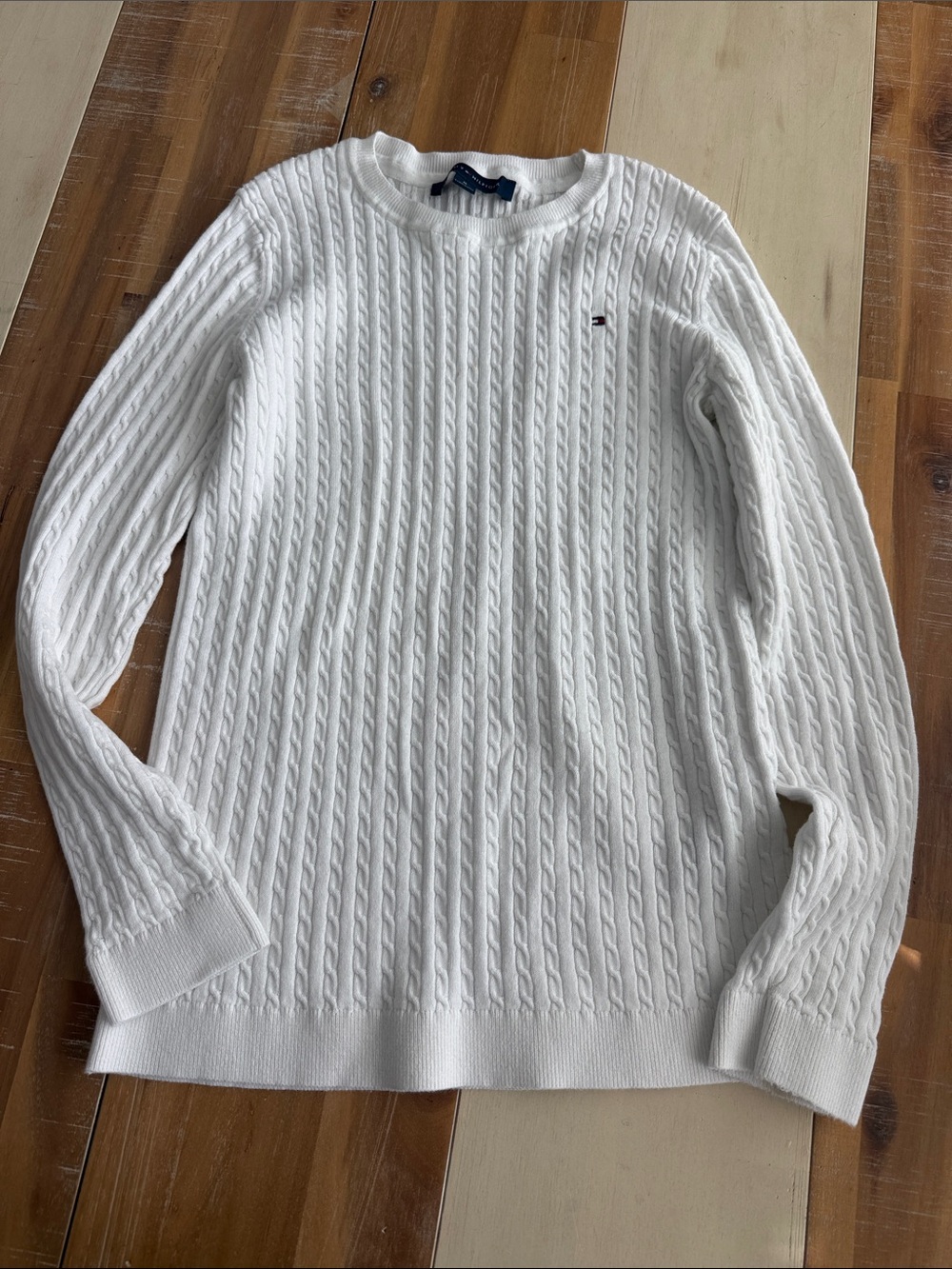 Tommy Hilfiger White Cable-Knit Crewneck Sweater